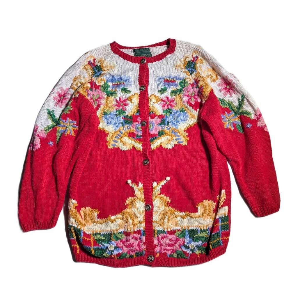 Vtg 1980s Cullinane Red Ivory Floral Chunky Knit Button Up Crew Cardigan Sz L